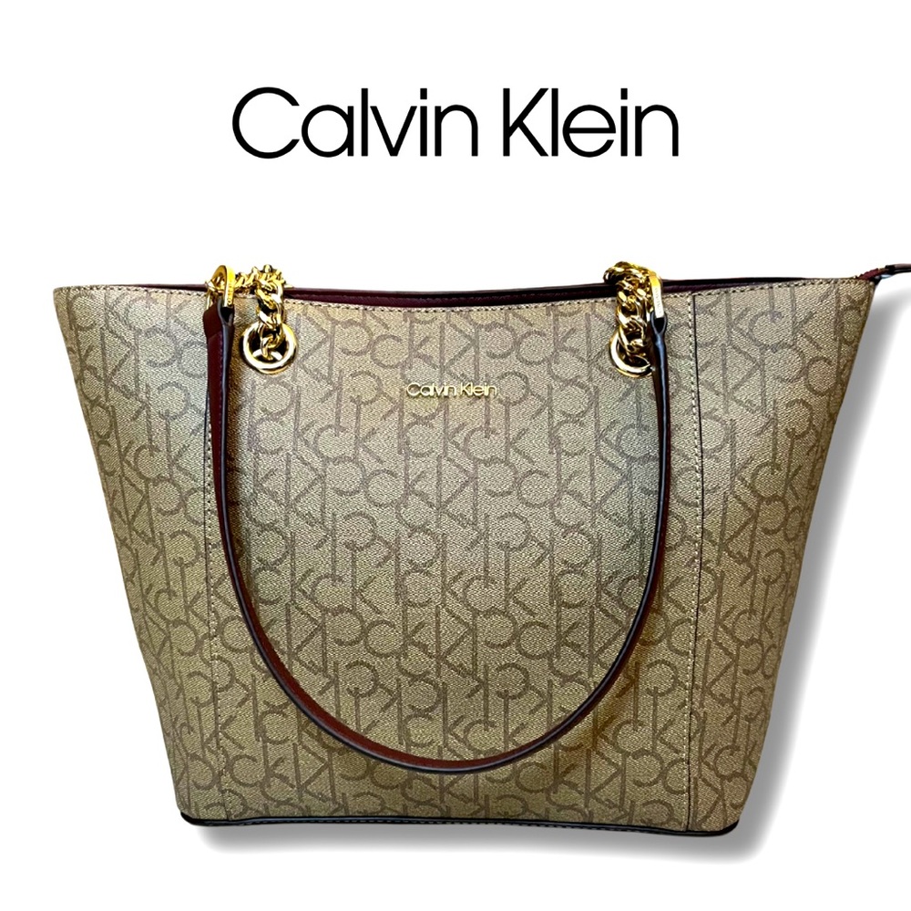 NEW W/ TAGS! Calvin Klein Monogram Beige Tan Taupe Hayden Tote Burgundy Straps